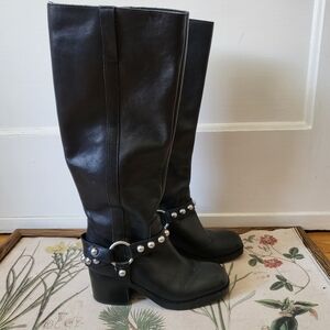 Marc Fisher LTD Women's Ofida Mid Calf Boot Studded Harness Black Leather Size 5